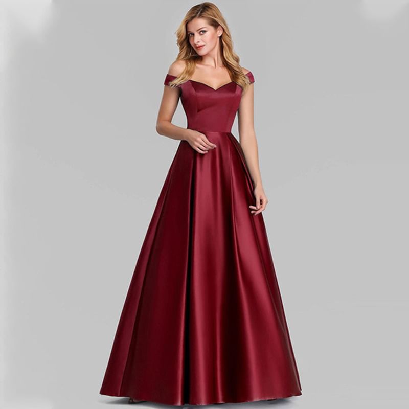 Satin Sleeveless Gown A-Line Plain Evening Off Shoulder