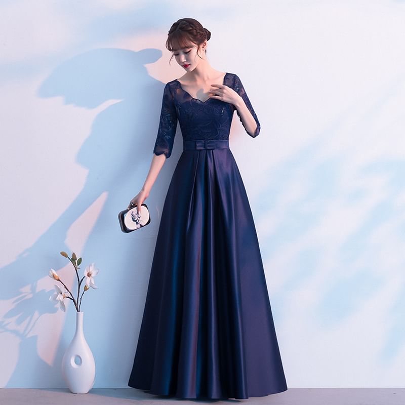 Panel Sleeve Elbow Bow Evening Gown Plain V-Neck A-Line Lace Satin