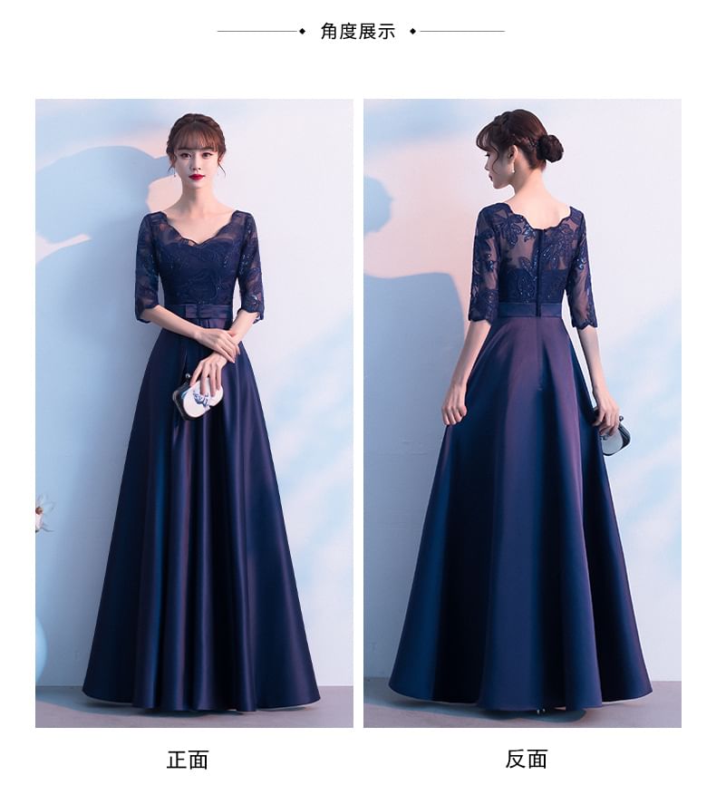 Panel Sleeve Elbow Bow Evening Gown Plain V-Neck A-Line Lace Satin