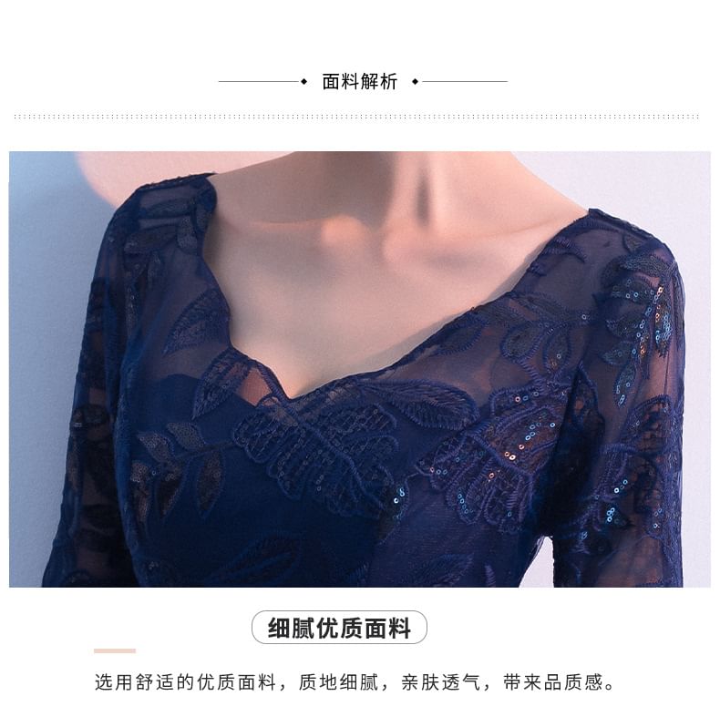 Panel Sleeve Elbow Bow Evening Gown Plain V-Neck A-Line Lace Satin