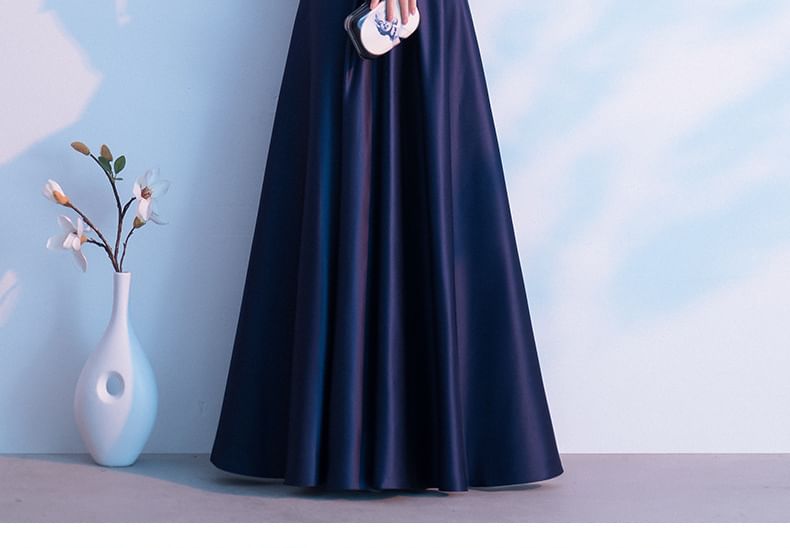 Panel Sleeve Elbow Bow Evening Gown Plain V-Neck A-Line Lace Satin