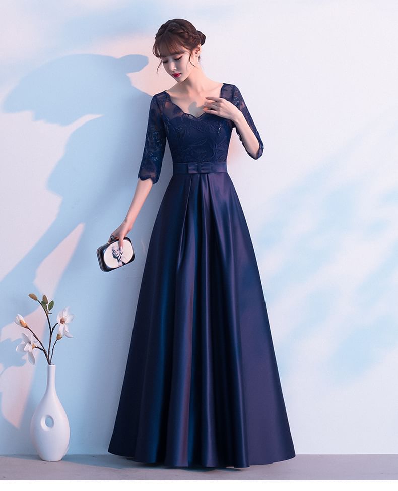 Panel Sleeve Elbow Bow Evening Gown Plain V-Neck A-Line Lace Satin