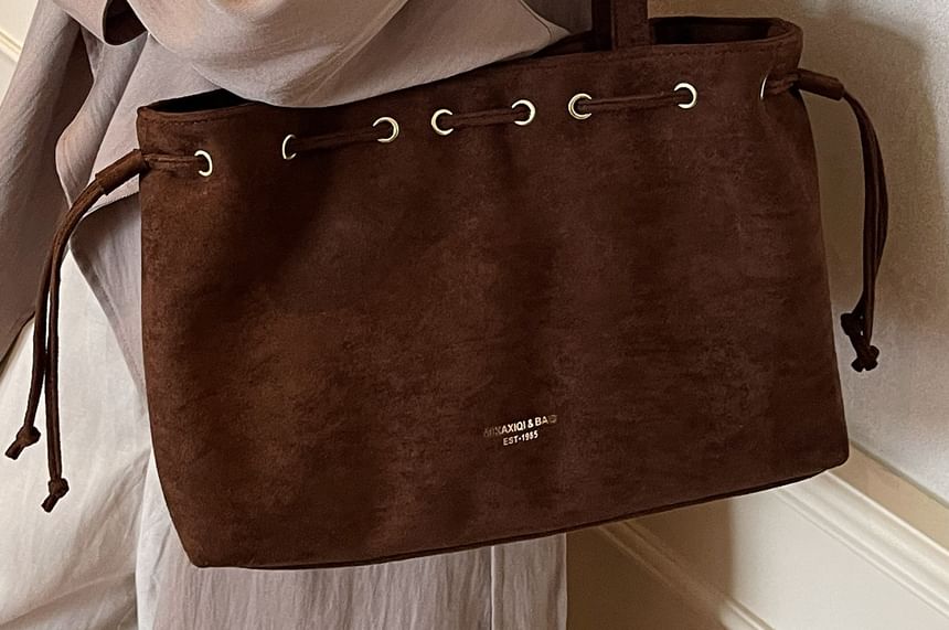 Plain Faux Drawstring Suede Tote Bag