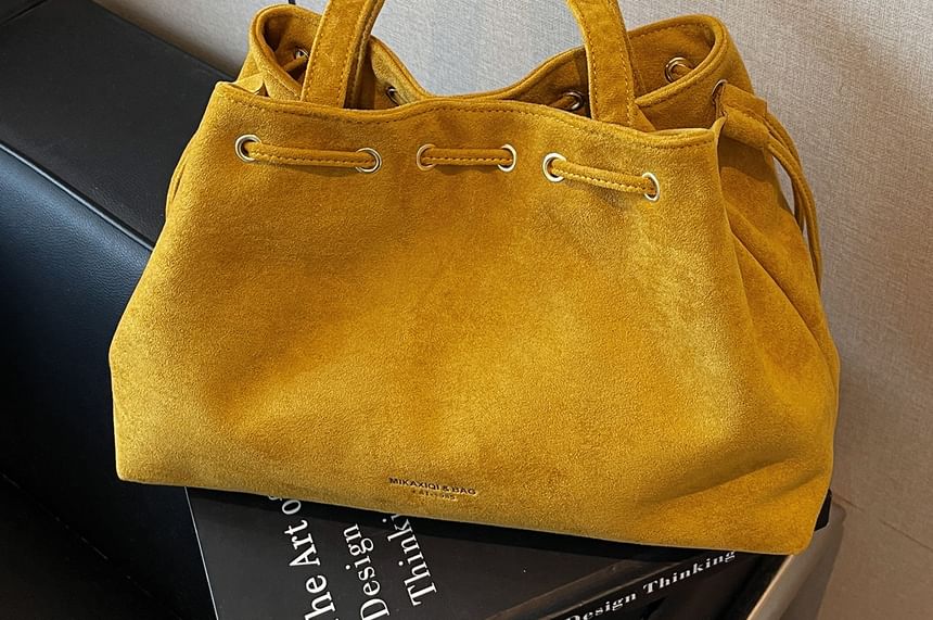 Plain Faux Drawstring Suede Tote Bag