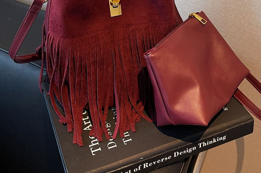 Suede Crossbody Plain Pouch With Bag Faux Fringe