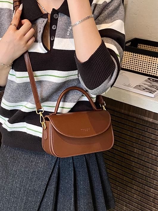 Faux Flap Plain Top Handle Leather Bag Crossbody