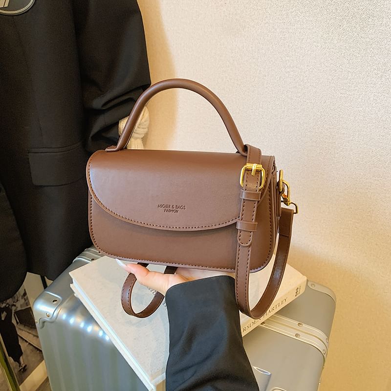 Faux Flap Plain Top Handle Leather Bag Crossbody