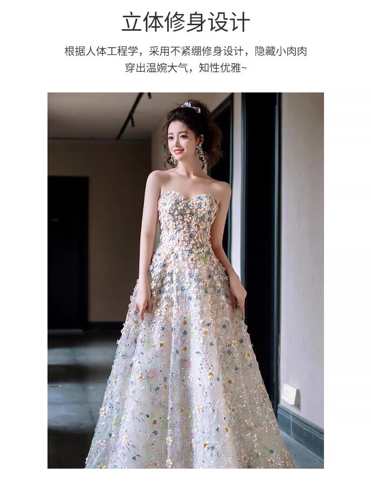 Evening Floral Mesh Gown A-Line Strapless