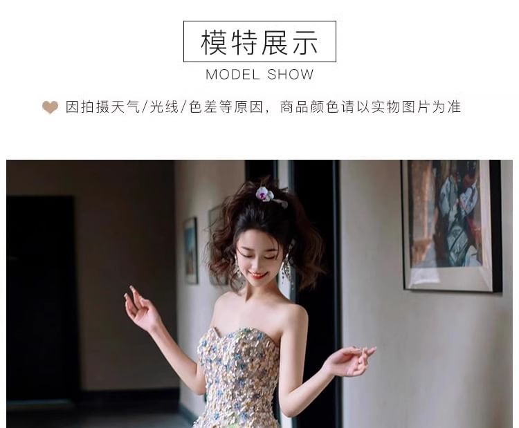 Evening Floral Mesh Gown A-Line Strapless