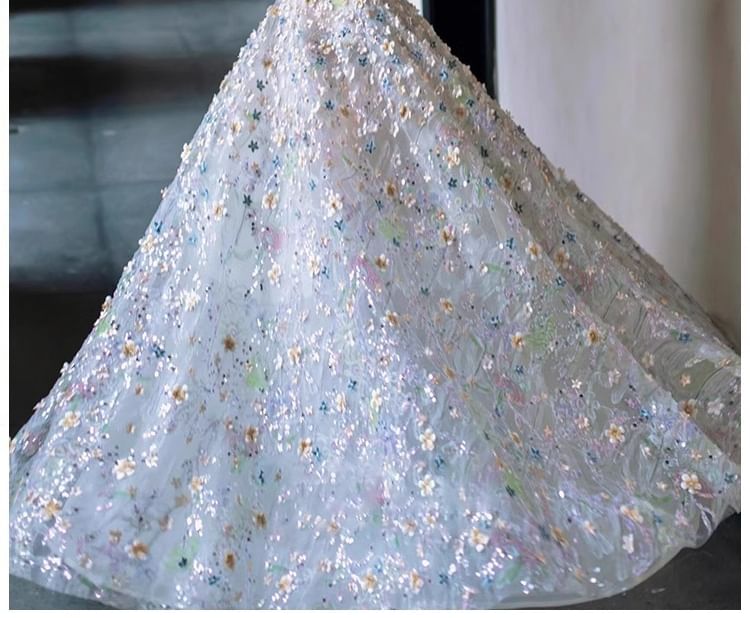 Evening Floral Mesh Gown A-Line Strapless