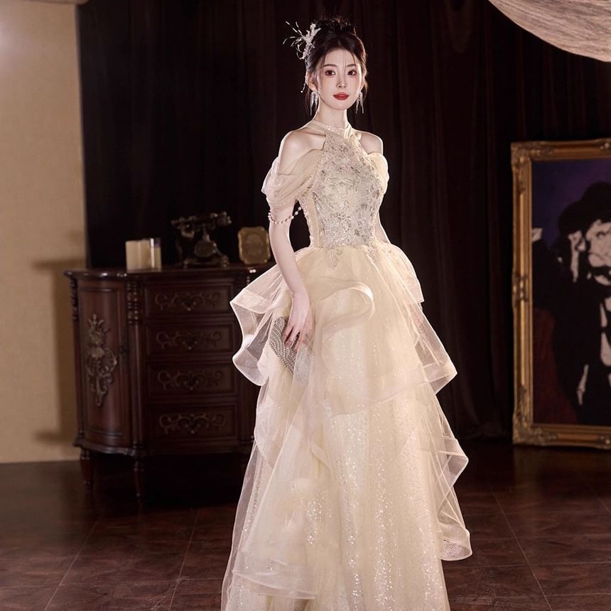 Gown Sequin Off-Shoulder A-Line Bead Evening