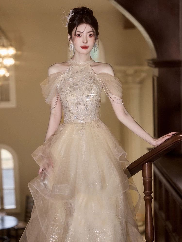 Gown Sequin Off-Shoulder A-Line Bead Evening