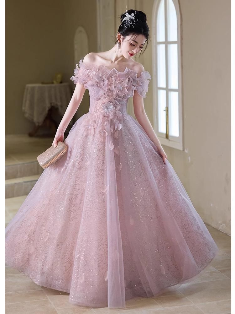 Gown Glitter Mesh A-Line Flower Off-Shoulder Evening Accent Trim Ruffle