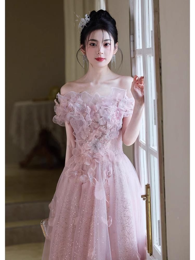 Gown Glitter Mesh A-Line Flower Off-Shoulder Evening Accent Trim Ruffle