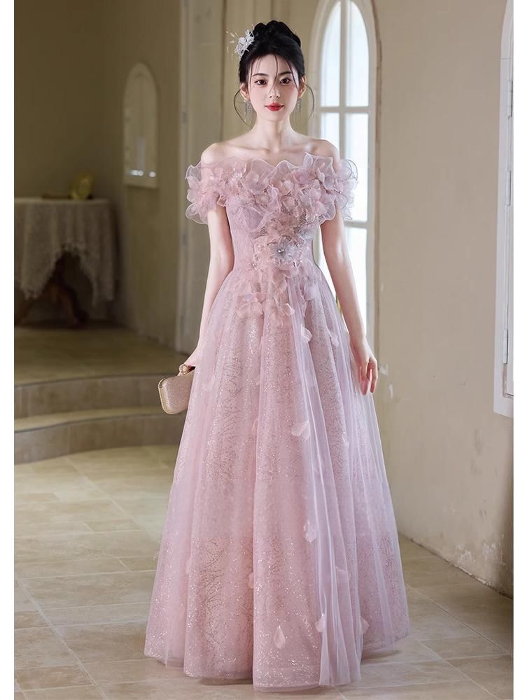 Gown Glitter Mesh A-Line Flower Off-Shoulder Evening Accent Trim Ruffle