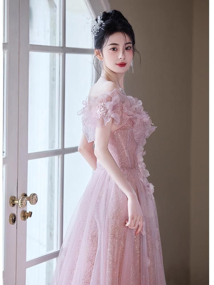 Gown Glitter Mesh A-Line Flower Off-Shoulder Evening Accent Trim Ruffle