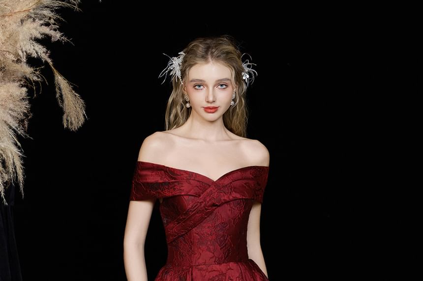 A-Line Short-Sleeve Gown Evening Floral Off-Shoulder