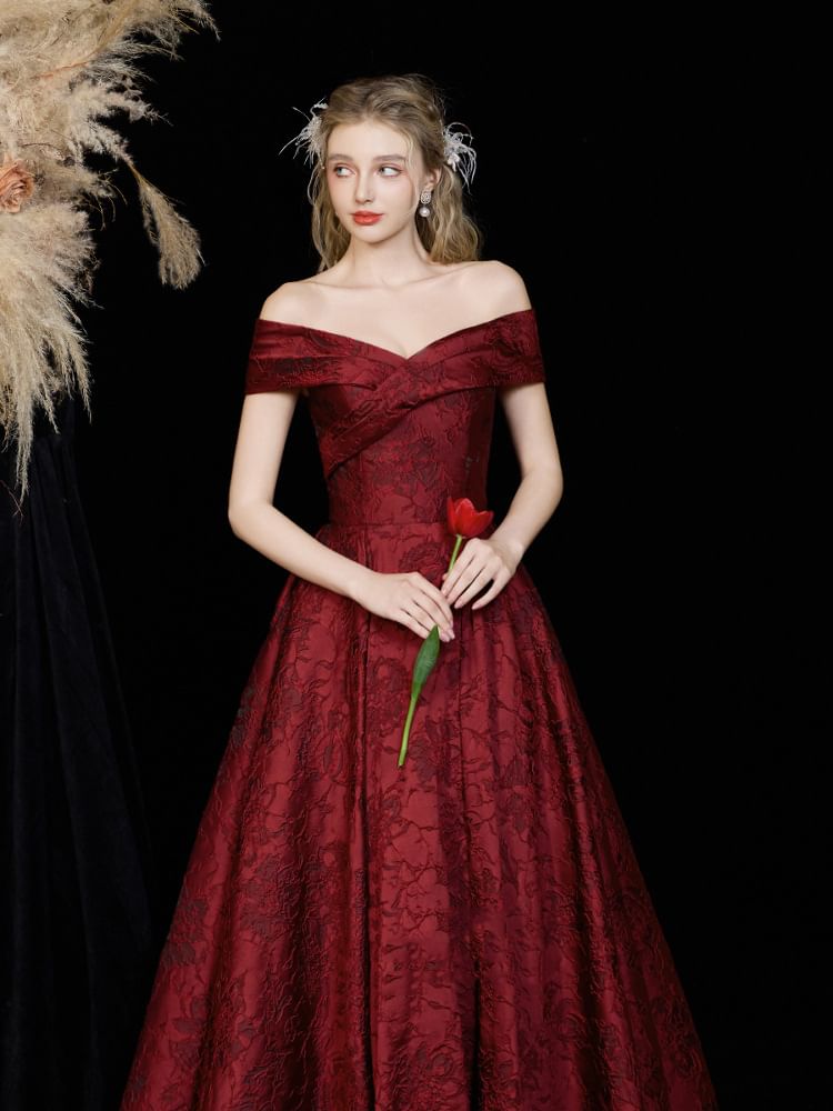 A-Line Short-Sleeve Gown Evening Floral Off-Shoulder