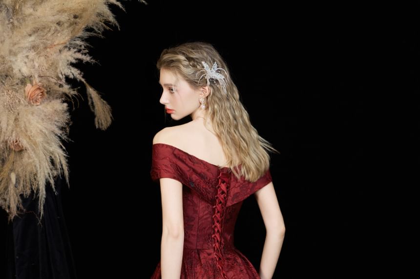 A-Line Short-Sleeve Gown Evening Floral Off-Shoulder