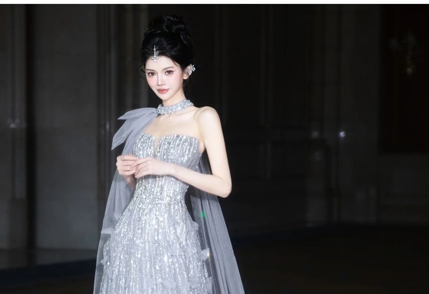 Gown Strapless A-Line Evening Sequin