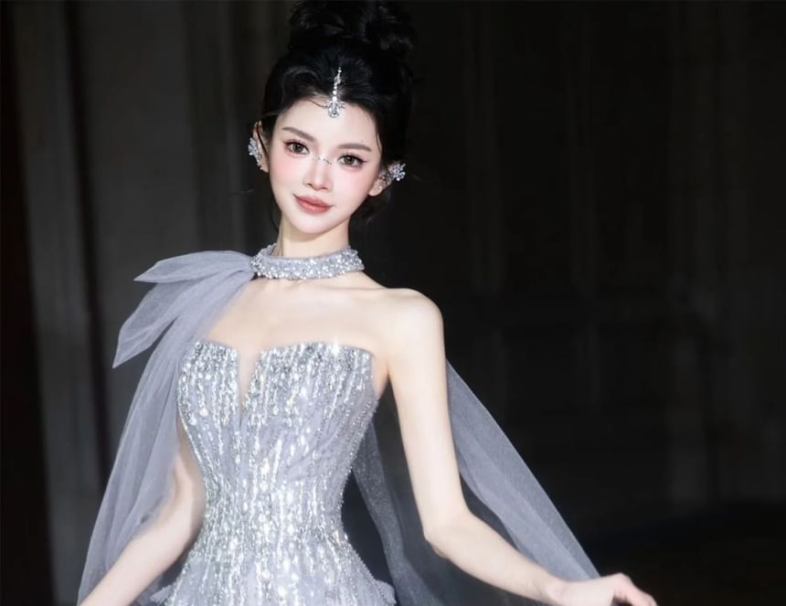 Gown Strapless A-Line Evening Sequin