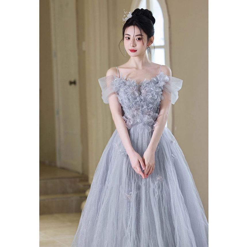 Strap A-Line Flower Mesh Gown Accent Evening Spaghetti