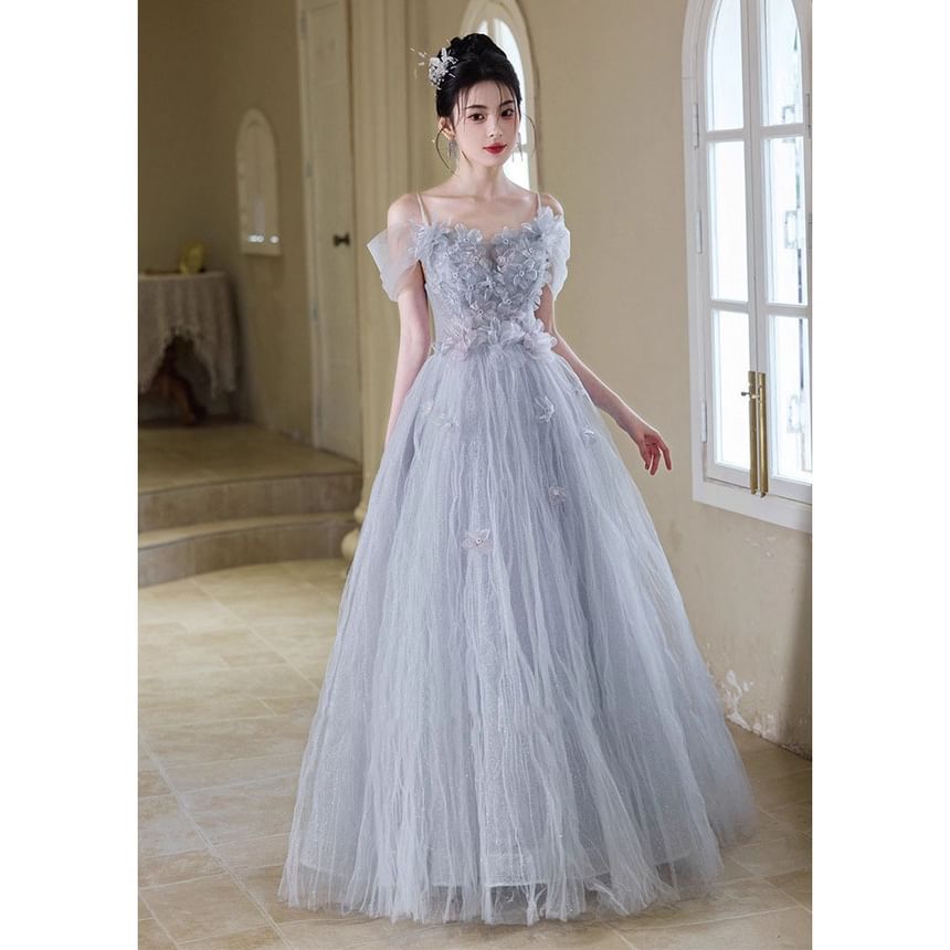 Strap A-Line Flower Mesh Gown Accent Evening Spaghetti