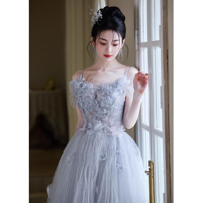 Strap A-Line Flower Mesh Gown Accent Evening Spaghetti