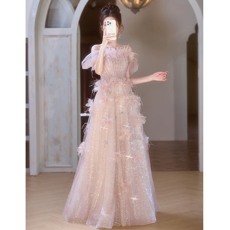 Gown Off-Shoulder Accent A-Line Glitter Flower Evening Mesh