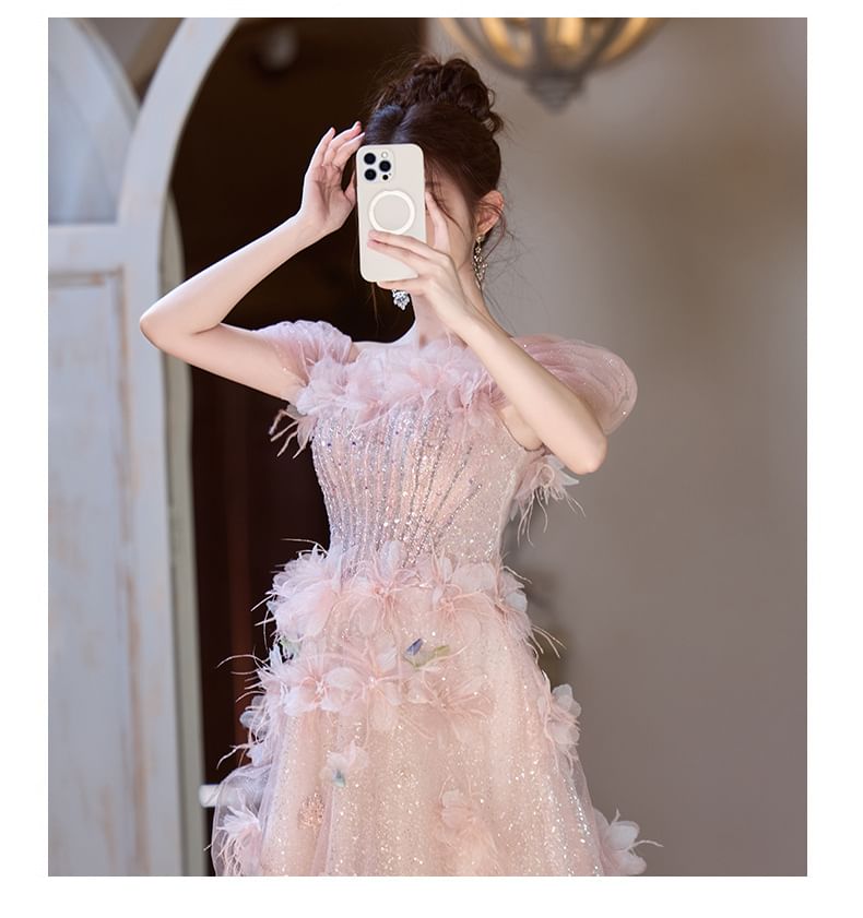 Gown Off-Shoulder Accent A-Line Glitter Flower Evening Mesh