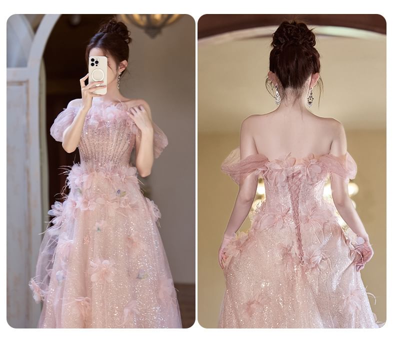 Gown Off-Shoulder Accent A-Line Glitter Flower Evening Mesh