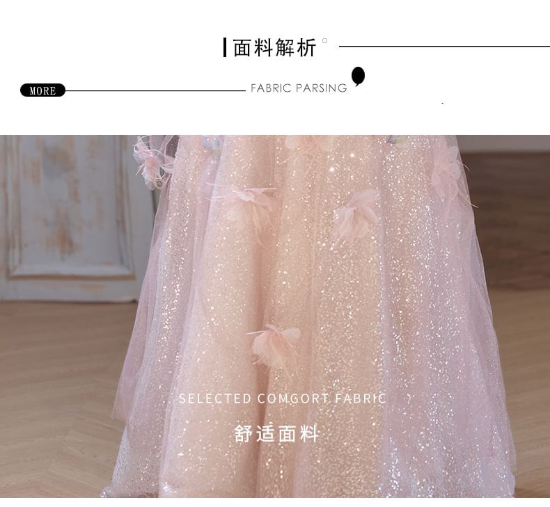 Gown Off-Shoulder Accent A-Line Glitter Flower Evening Mesh