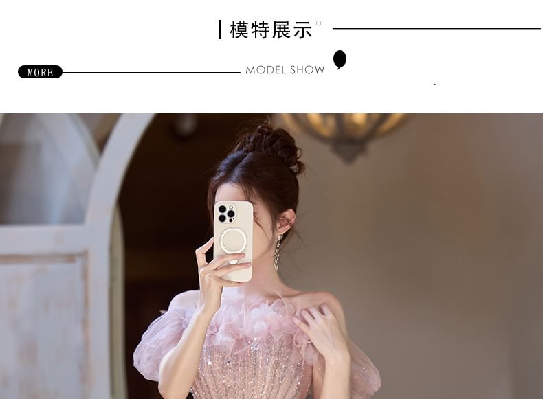 Gown Off-Shoulder Accent A-Line Glitter Flower Evening Mesh