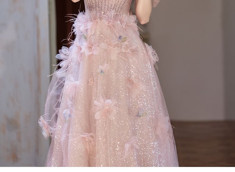Gown Off-Shoulder Accent A-Line Glitter Flower Evening Mesh