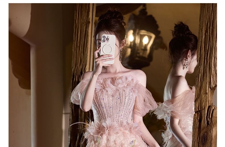 Gown Off-Shoulder Accent A-Line Glitter Flower Evening Mesh