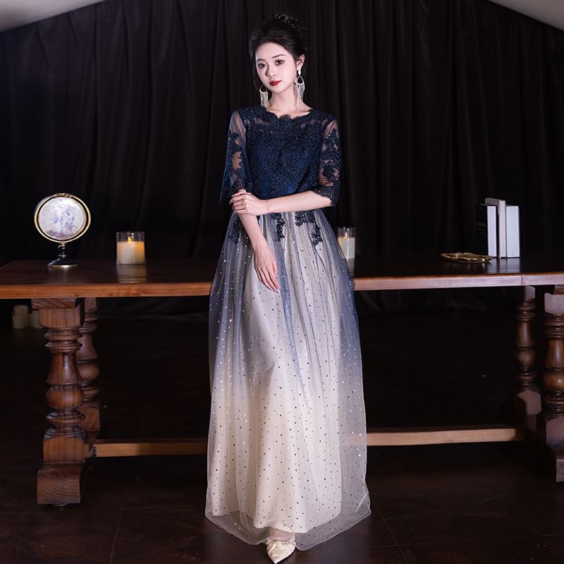 Evening Short-Sleeve (Various Lace Neck Gown Panel Gradient Designs) Round Dress Cocktail /