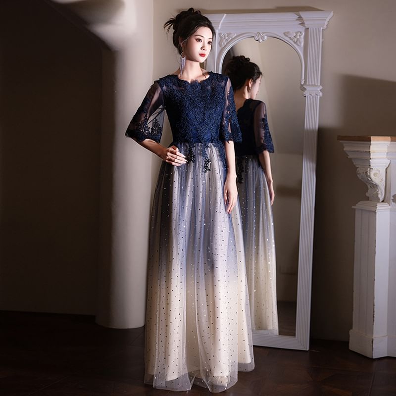 Evening Short-Sleeve (Various Lace Neck Gown Panel Gradient Designs) Round Dress Cocktail /