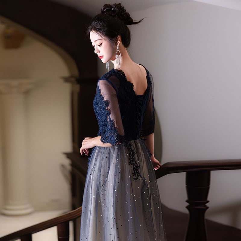 Evening Short-Sleeve (Various Lace Neck Gown Panel Gradient Designs) Round Dress Cocktail /