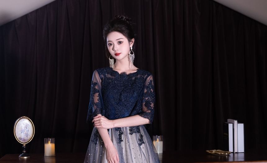 Evening Short-Sleeve (Various Lace Neck Gown Panel Gradient Designs) Round Dress Cocktail /