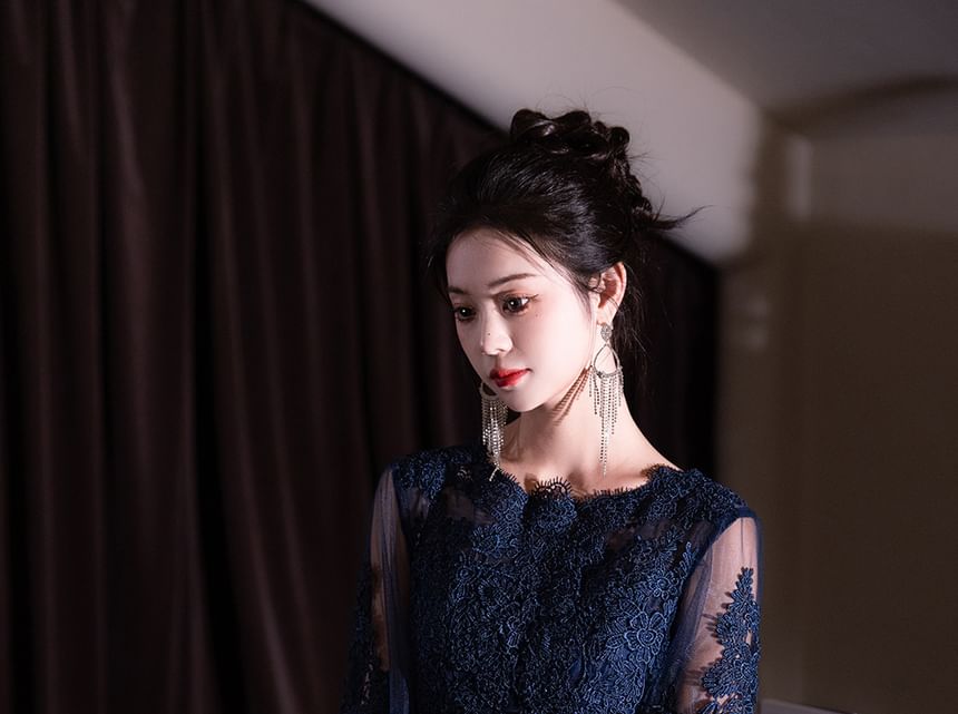 Evening Short-Sleeve (Various Lace Neck Gown Panel Gradient Designs) Round Dress Cocktail /