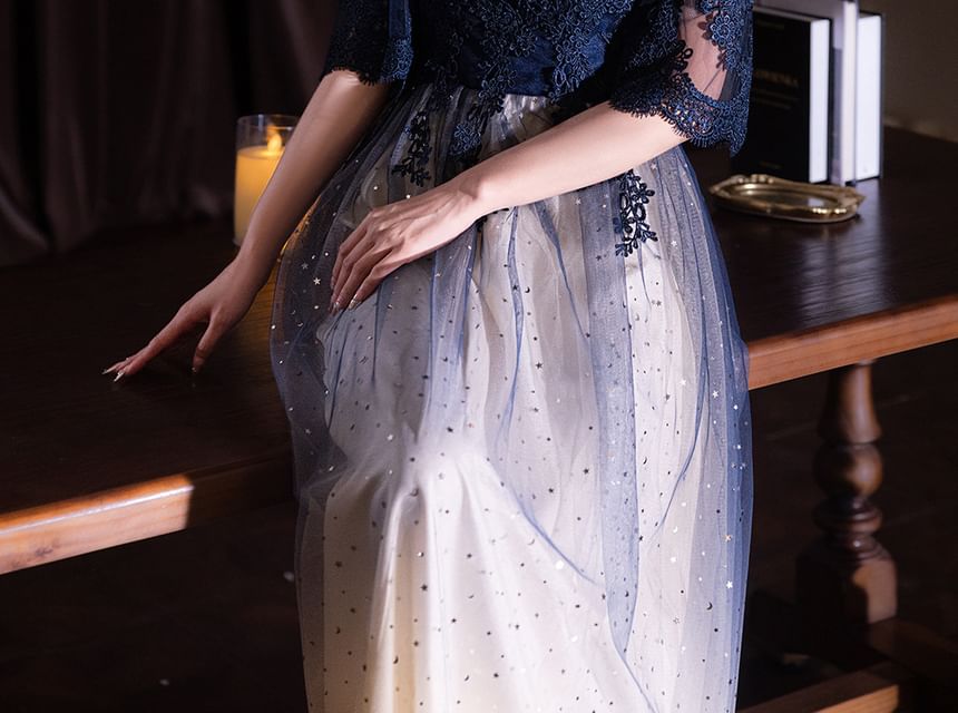 Evening Short-Sleeve (Various Lace Neck Gown Panel Gradient Designs) Round Dress Cocktail /