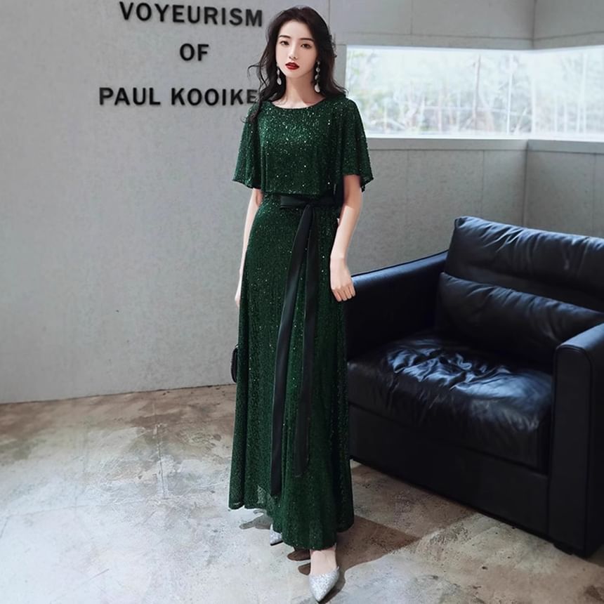 Gown Evening Round Neck A-Line Glitter Elbow-Sleeve