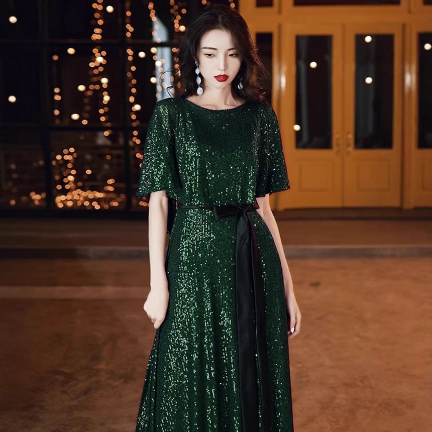Gown Evening Round Neck A-Line Glitter Elbow-Sleeve