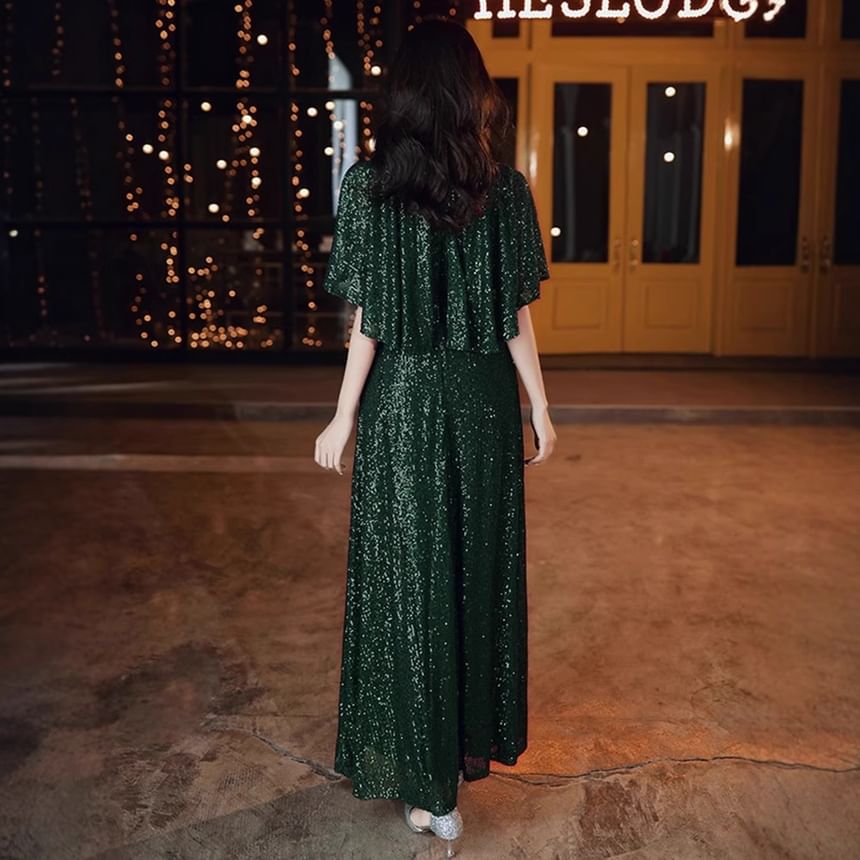 Gown Evening Round Neck A-Line Glitter Elbow-Sleeve