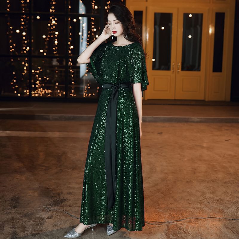 Gown Evening Round Neck A-Line Glitter Elbow-Sleeve