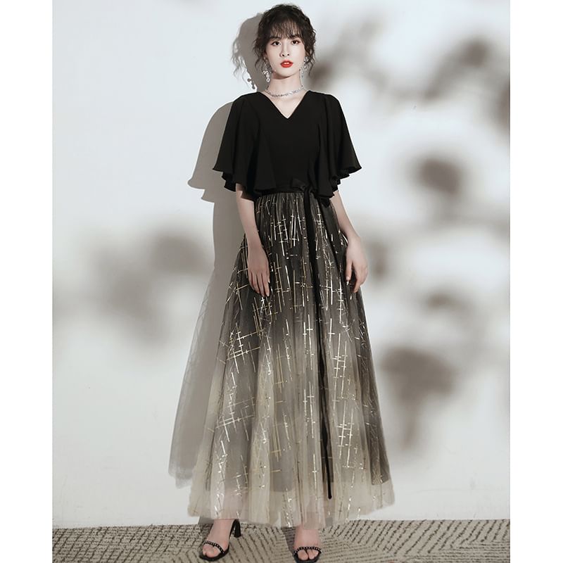 Evening (Various V-Neck Short-Sleeve Glitter Gown Designs) Gradient