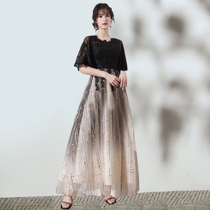 Evening (Various V-Neck Short-Sleeve Glitter Gown Designs) Gradient