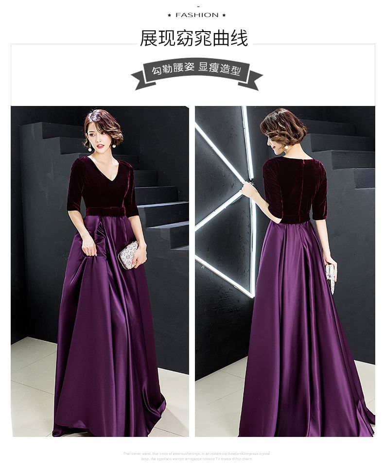 Velvet Short-Sleeve A-Line Gown Plain Evening V-Neck