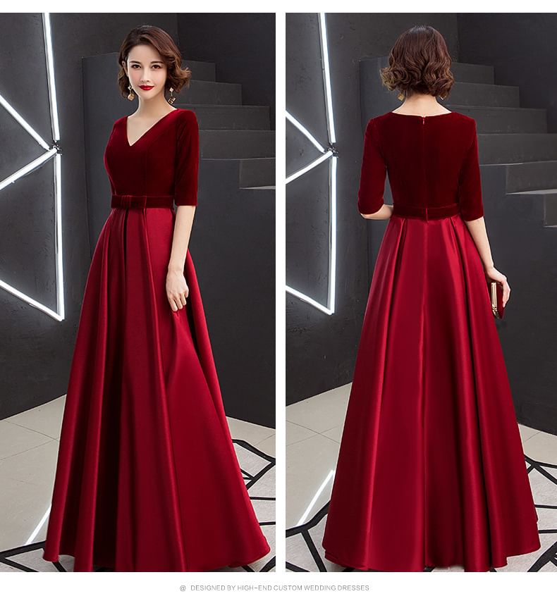 Velvet Short-Sleeve A-Line Gown Plain Evening V-Neck