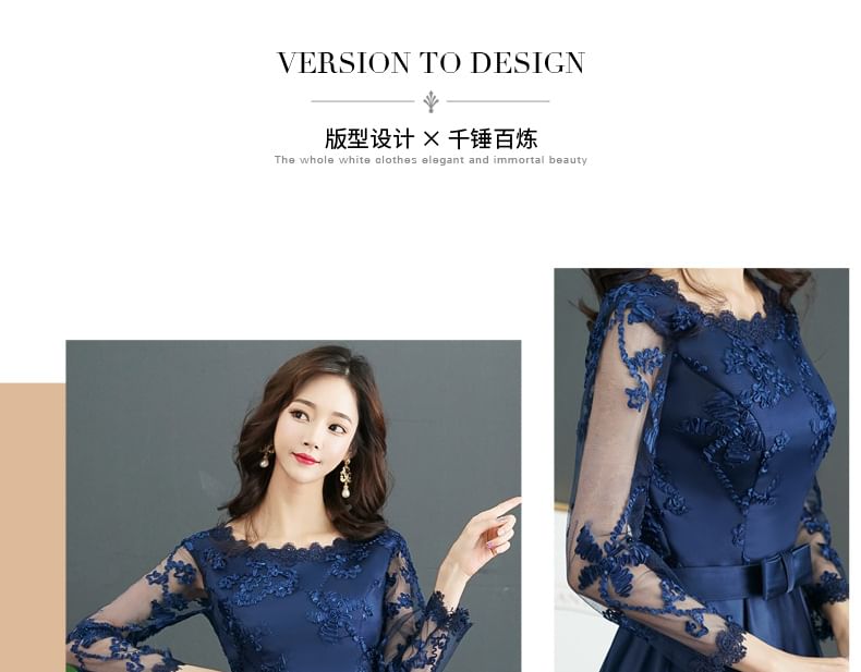 Lace Round Long-Sleeve Gown Neck Panel Evening